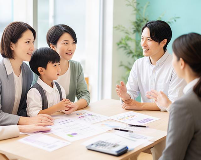 高槻市の明るい相談室で家族が家計表を囲み、ファイナンシャルプランナーと将来を話し合う様子