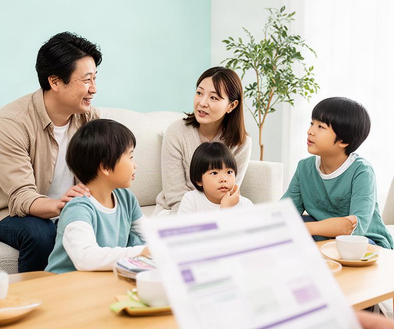 高槻市の明るいリビングで家族が教育資金の計画表を見ながら話し合う様子