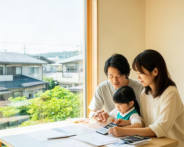 高槻市の明るい住宅街で家族が新居の資金計画を確認している様子
