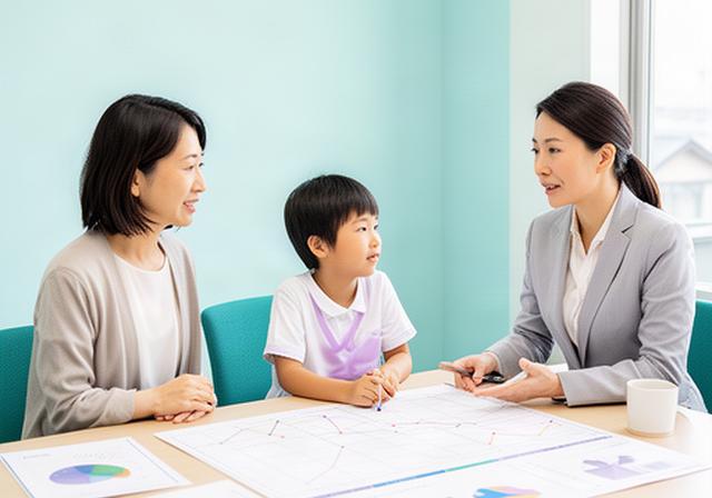 高槻市の明るい相談室で家族のライフプラン表を見ながら話す親子と相談員