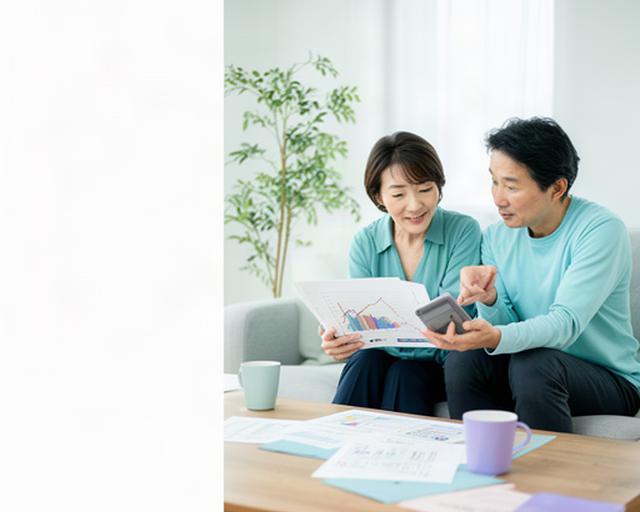 高槻市の明るいリビングで夫婦が老後資金のグラフを確認している様子